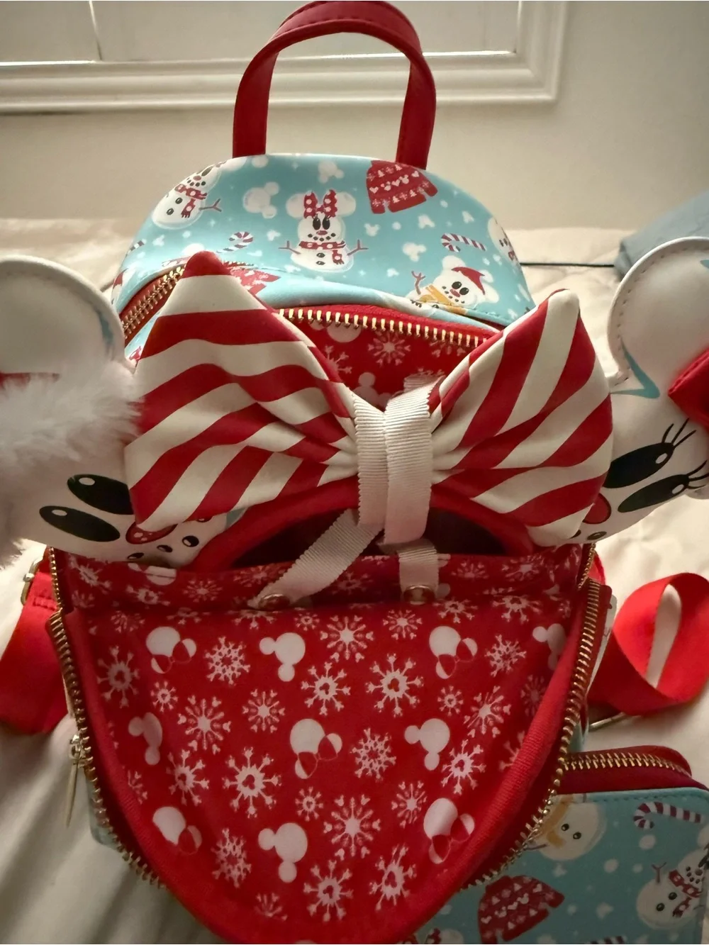 Loungefly Kids Light Blue & Red Snowman Print Mini Backpack with Matching Wallet